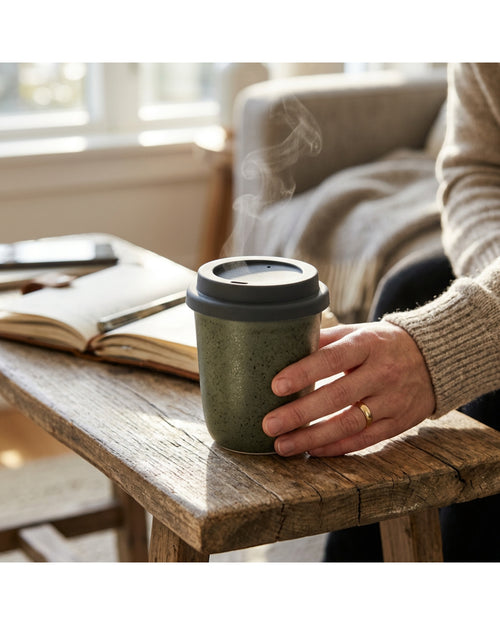 Linin Ceramic Travel Cup with Silicone Lid 360 ml Moss - Lifestyle view